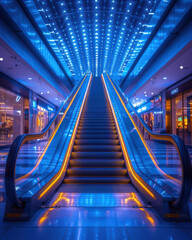 Canvas Print - An escalator in a modern building with blue lighting. AI.