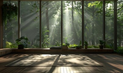 Aufkleber - A serene indoor space featuring large windows that invite natural light and showcase a lush forest environment, creating a tranquil and peaceful atmosphere.