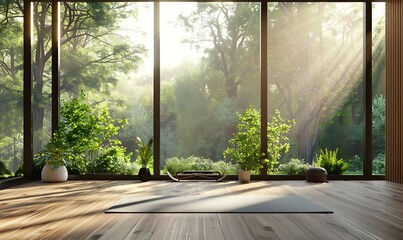 Poster - A bright, serene room with large windows showcasing a lush green forest, illuminated by soft sunlight, creating a peaceful atmosphere.