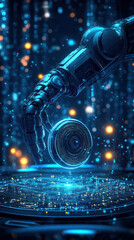 Poster - A robot arm is reaching for a coin on a table. The coin is surrounded by a glowing blue background, giving the scene a futuristic and technological feel