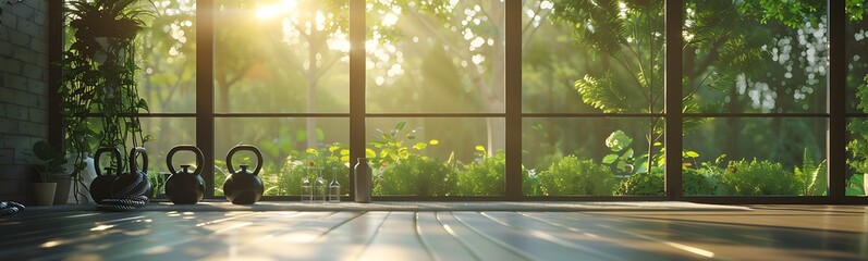Aufkleber - A serene interior space with sunlight streaming through large windows, highlighting greenery and wooden floors.