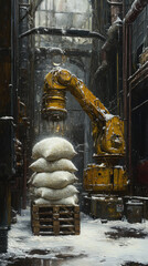 Poster - A yellow robot is lifting a pile of white sacks. The scene is set in a factory or industrial area