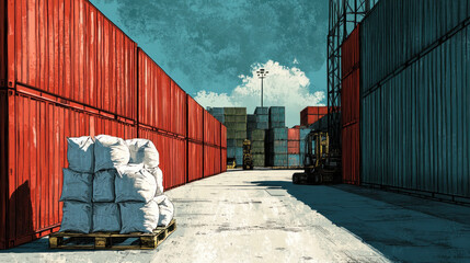 Poster - A red wall with a pile of white bags in front of it. The scene is of a warehouse with a lot of containers