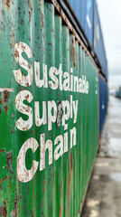 Poster - A green container with white writing that says Sustainable Supply Chain. The container is rusted and old