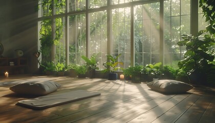 Poster - A serene indoor space with sunlight streaming through large windows, surrounded by lush greenery and comfortable cushions on a wooden floor.