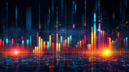 Poster - A colorful cityscape with tall buildings and a bright yellow light. The image is a representation of a futuristic city with a focus on the city's skyline