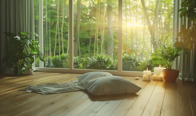 Poster - A serene indoor space with natural light, wooden flooring, plants, and soft pillows, creating a relaxing atmosphere.