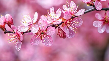 Wall Mural - Pink cherry blossoms in full bloom, glistening with dew drops, on a bright spring morning