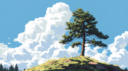 Wall Mural - Lone pine tree against a blue sky with fluffy white clouds. Lone Pine Tree. Illustration