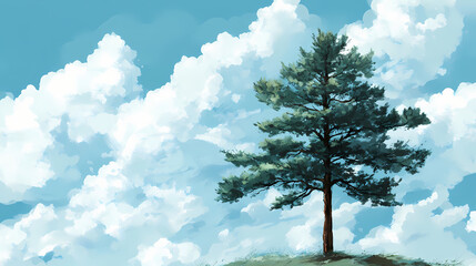Wall Mural - Lone pine tree against a blue sky with fluffy white clouds. Lone Pine Tree. Illustration