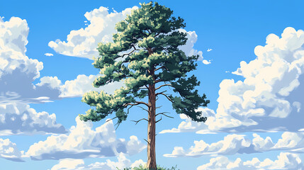 Wall Mural - Lone pine tree against a blue sky with fluffy white clouds. Lone Pine Tree. Illustration