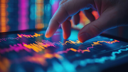 Navigating financial growth with tablet displays of banking profit graphs and stock market data