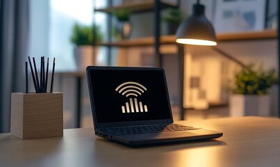 Poster - A laptop displaying a wireless signal icon on a desk in a cozy workspace.