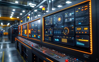 Aufkleber - A high-tech control room filled with advanced machinery interfaces, showcasing vibrant graphics and illuminated displays for monitoring and operations.