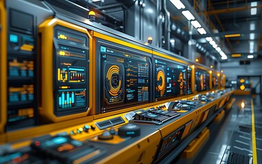 A futuristic control panel with intricate displays and vibrant orange accents, designed for advanced technological operations.