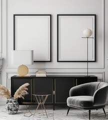 A modern living room with a black cabinet. a grey armchair. a lamp. and two empty frames