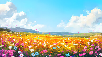 Wall Mural - Spring meadow with colorful flowers against sunny blue sky. nature background. Flowering Meadow. Illustration