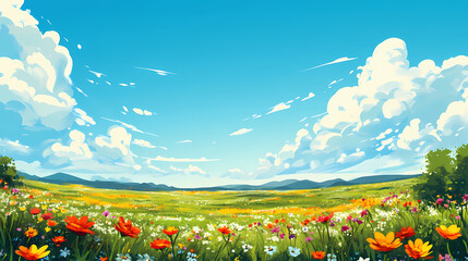 Wall Mural - Spring meadow with colorful flowers against sunny blue sky. nature background. Flowering Meadow. Illustration