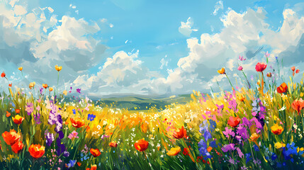 Wall Mural - Spring meadow with colorful flowers against sunny blue sky. nature background. Flowering Meadow. Illustration