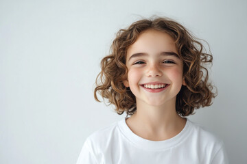 Wall Mural - young girl with curly hair is smiling widely, radiating joy and happiness. Her cheerful expression brings warmth to image, making it inviting and uplifting