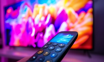 A remote control in front of a colorful television screen displaying vibrant visuals.