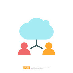 Poster - A simplistic graphic depicting two figures connected by a cloud symbol, representing cloud computing or data sharing.