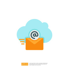 Poster - An illustration of an envelope with an '@' symbol, set against a cloud background, symbolizing email communication and cloud technology.