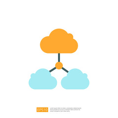 Poster - A simplistic graphic illustration depicting a cloud network with an orange cloud connected to two blue clouds, symbolizing cloud computing and data sharing.