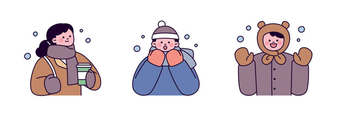 Poster - winter people. people wearing warm clothes and holding hot coffee on a snowy day.