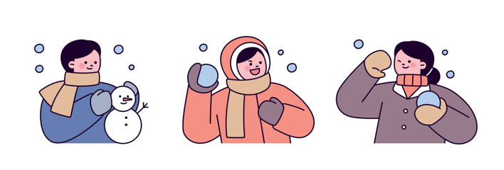Poster - winter people. people making snowmen and having snowball fights on a snowy day.