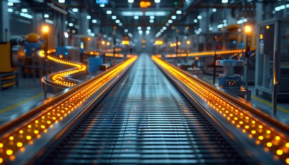 Poster - A well-lit conveyor belt system in a modern factory, showcasing smooth movement and illuminated pathways in an industrial environment.
