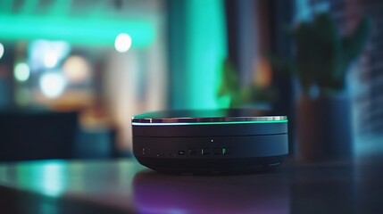 Poster - A sleek, modern smart device with ambient lighting on a wooden surface.