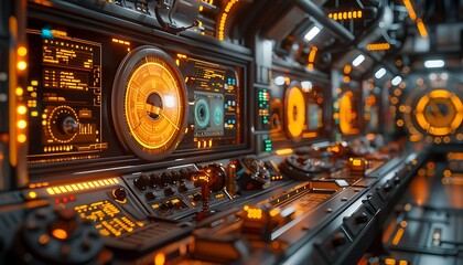 Poster - A futuristic control panel with glowing orange accents, displaying various dials and screens in a sleek, sci-fi environment.