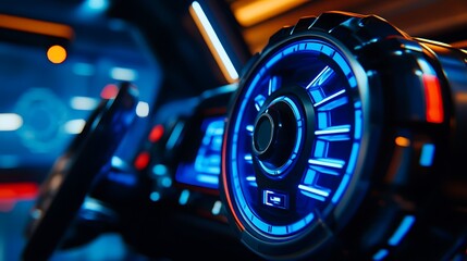 Poster - A close-up of a modern car dashboard with illuminated controls and digital displays.