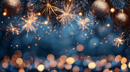 New Year background fireworks dark blue bokeh golden silver color copy space 2024 2025 holiday festive celebration