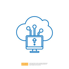 Poster - A graphic representation of cloud computing, featuring a computer with an upload symbol and connected lines, symbolizing data transfer to the cloud.