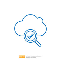 Poster - A simple graphic illustration of a cloud with a magnifying glass, featuring a check mark, symbolizing cloud verification or data validation.