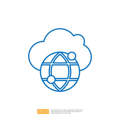 Poster - A simple blue line illustration depicting a globe surrounded by a cloud, symbolizing global connectivity and cloud computing.