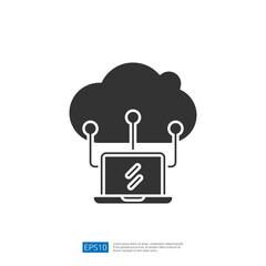 Poster - A graphic representation of cloud computing, featuring a laptop connected to a cloud symbol with lines, illustrating the concept of data storage and access.