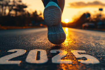 runners foot in motion on road at sunset, symbolizing progress and determination towards year 2025. warm glow of sun enhances inspiring atmosphere