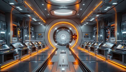 Poster - A futuristic high-tech corridor with glowing orange accents, featuring advanced machinery and a circular portal at the end.