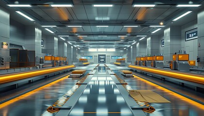 Leinwandbilder - A spacious, modern warehouse interior with conveyor belts and bright lighting, showcasing an organized logistics environment.