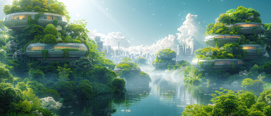 A serene futuristic landscape with lush greenery, modern structures, and a reflective lake in a vibrant city under a clear sky