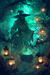 Poster - A witch in a dark forest, standing beside a bubbling cauldron, mysterious blue-green mist rising, wearing a long flowing robe and wide-brimmed hat, surrounded by glowing lanterns hanging from branches