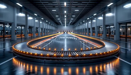 Poster - A modern, industrial space featuring a circular, illuminated track surrounded by a spacious, well-lit environment.