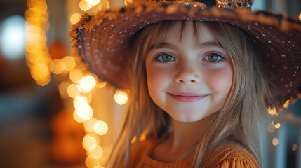 Wall Mural - cheerful girl wearing stylish hat smiles warmly, surrounded by soft, glowing lights that create magical atmosphere. Her bright eyes reflect joy and innocence