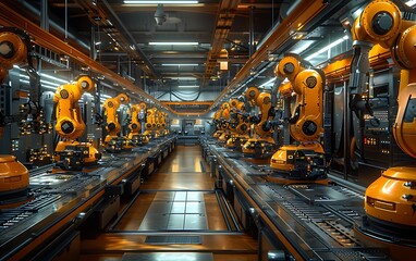 Leinwandbilder - A high-tech industrial scene featuring multiple robotic arms on assembly lines, showcasing automation and advanced manufacturing technology.