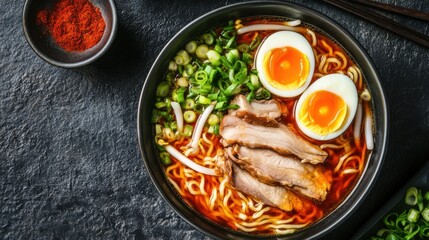 A savory bowl of spicy ramen featuring a rich broth, juicy