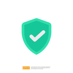 Poster - A simple graphic of a shield with a checkmark, symbolizing security and protection. It is designed in a flat style with a turquoise color palette.