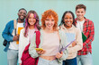 © Jose Calsina - Diverse group of young students smiling and standing together outdoors, carrying books and backpacks, ready for study and collaboration, representing unity, friendship, and learning in an university